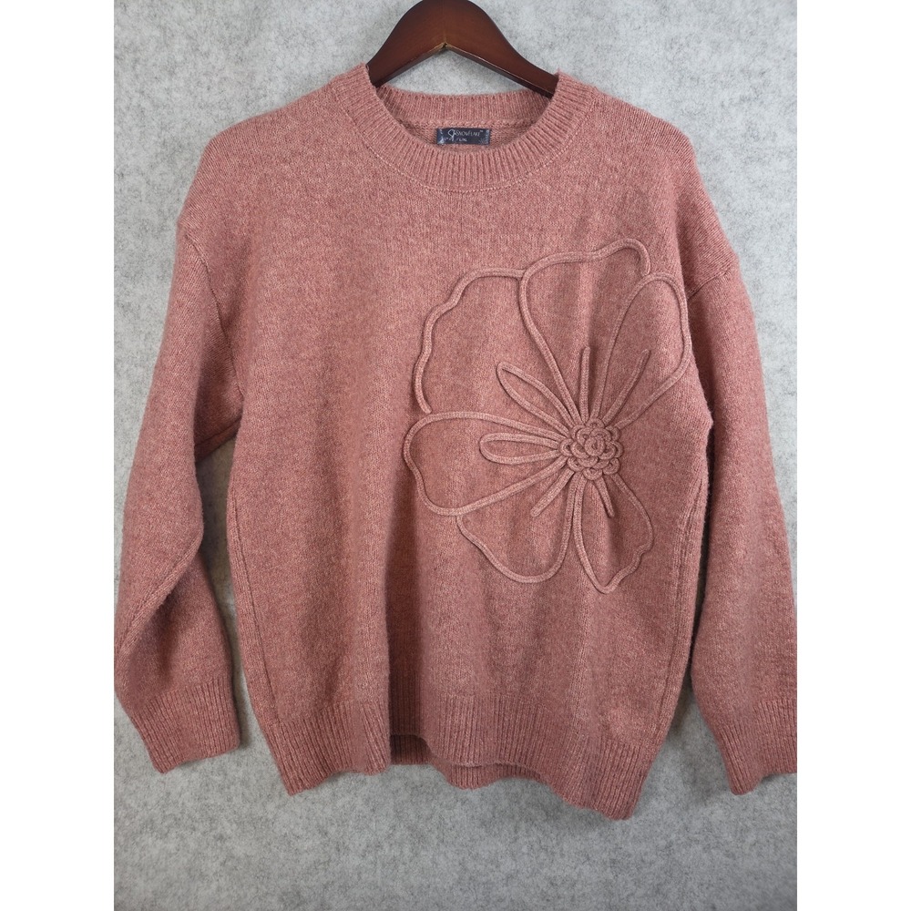SF Snowflake Sweater L/XL Wool Blend Embroidered Flower Dusty Rose Pink Preppy